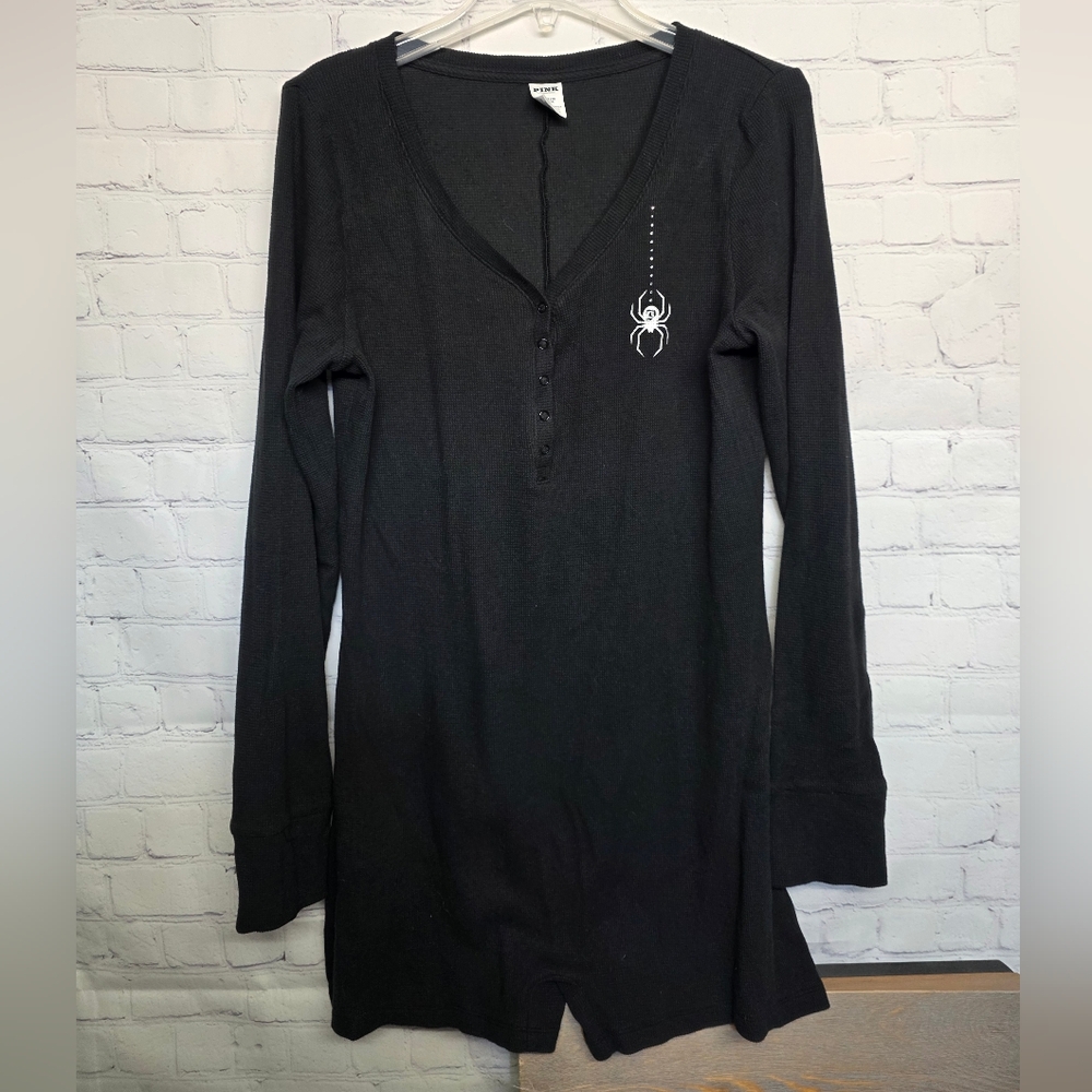 PINK Victoria's Secret Black Bling Henley Spider Web Onesie RARE!! Halloween